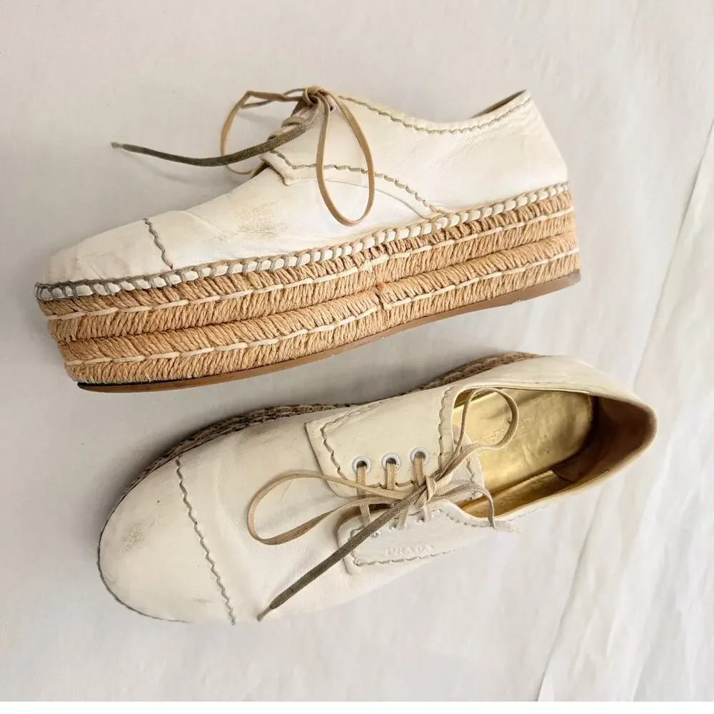 Prada 2024 Leather Platform Espadrilles EU 37.5 US‎ 7.5 Off-White